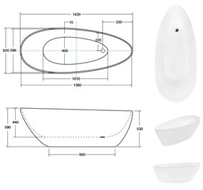 Matowa wanna wolnostojąca z konglomeratu + klik-klak czarny Goya Matt 142 cm Besco WMMB-140GKB
