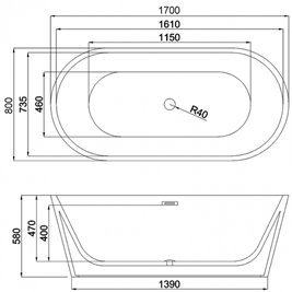 Wanna wolnostojąca biała przelew oraz korek czarny 170 cm Lizbona Hydrosan