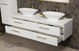 Szafka wisząca biały mat z dwiema umywalkami nablatowymi 160/50 cm Belli Gold Gante