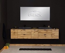 Szafka łazienkowa wisząca 2 x czarna umywalka nablatowa dąb naturalny 210 cm Victa Gante