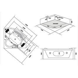 Wanna z hydromasażem narożna podgrzewacz wody 140x140 Flores 601