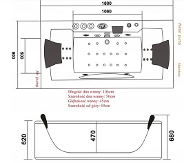 Wanna z hydromasażem prostokątna podgrzewacz wody Levante 659 180x90 cm