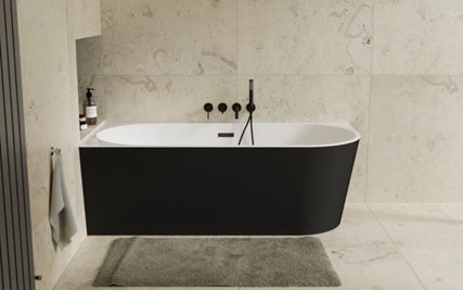 Wanna przyścienna czarno-biała narożna lewa syfon z przelewem biały 150 cm Zoya B&W Besco WAS-150ZBLB