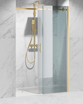 Drzwi prysznicowe rozsuwane prawe/lewe do wnęki 93-97 cm szkło 8mm przeźroczyste profile złoty mat Swiss Liniger