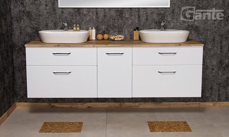 Szafka łazienkowa wisząca z dwiema umywalkami nablatowymi i koszem 200 cm SETTO MODULO kolor biały połysk