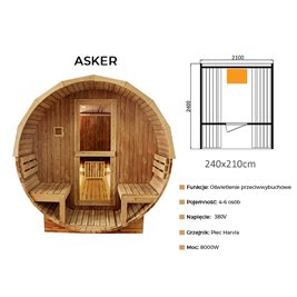 Sauna fińska ogrodowa zewnętrzna beczka 6 osobowa 210x240 Asker