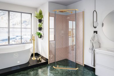 Złota kabina prysznicowa, pięciokątna 90x90 cm Stylio BK502PTZ+