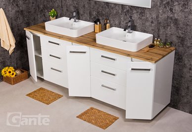 Szafka wisząca z dwiema umywalkami nablatowymi 210 cm z blatem w kolorze dąb naturalny 210/39/C3 seria Fokus B