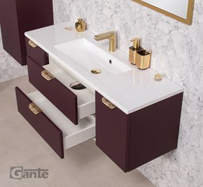 Burgundowa szafka łazienkowa wisząca z umywalką złoty uchwyt 120 cm Magnolia