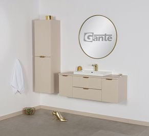 Piaskowa szafka łazienkowa wisząca z białą umywalką nablatową złoty uchwyt 120 cm Magnolia