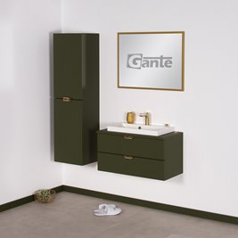 Oliwkowa szafka łazienkowa wisząca z białą umywalką nablatową złoty uchwyt 80 cm Magnolia