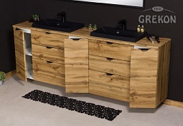 Szafka łazienkowa z czarnymi umywalkami nablatowymi dąb naturalny 210 cm Victa Gante