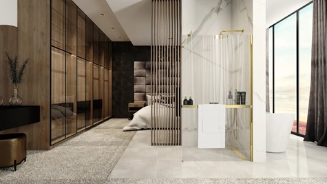 Złota szczotkowana ścianka prysznicowa z półką i wieszakiem 120 cm Aero Gold Evo Rea