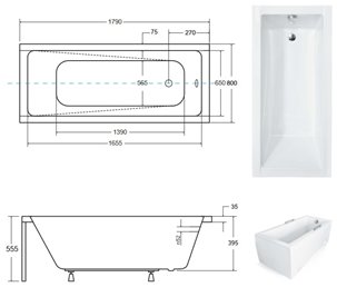 Czarno biała ryflowana wanna prostokątna z obudową 180 cm Modern Besco