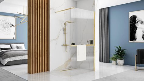 Złota szczotkowana ścianka prysznicowa z półką i wieszakiem walk-in 100 cm Aero Intimo Evo Rea