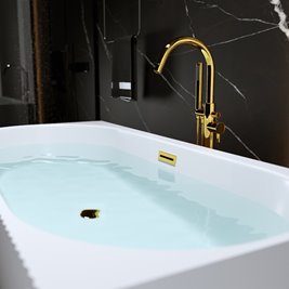 Wanna ryflowana przyścienna narożna prawa korek oraz przelew złoty 150 cm Rio Hydrosan