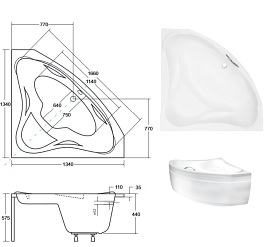 Czarno-biała wanna symetryczna narożna z obudową 134x134 Ewa Besco