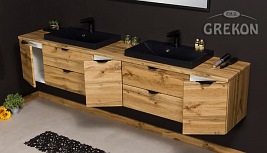 Szafka łazienkowa wisząca 2 x czarna umywalka nablatowa dąb naturalny 210 cm Victa Gante