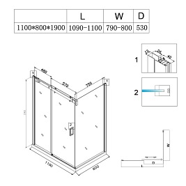 Czarna kabina prysznicowa prostokątna 110x80 szkło 8mm BS15B