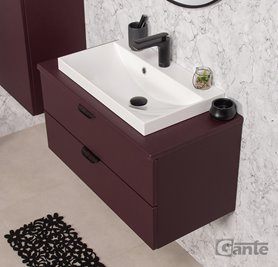 Burgundowa szafka łazienkowa wisząca z białą umywalką nablatową czarny uchwyt 80 cm Magnolia