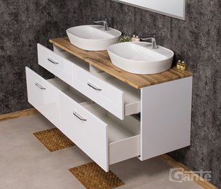 Szafka łazienkowa wisząca z dwiema umywalkami nablatowymi 160 cm SETTO MODULO kolor biały połysk