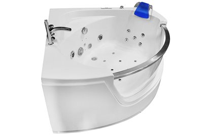 Wanna z hydromasażem narożna 135x135 cm MO-0057 niebieski zagłówek
