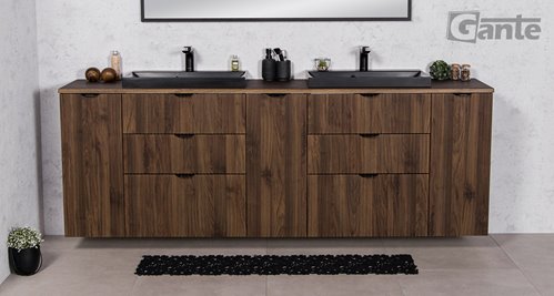 Szafka łazienkowa z lamelami wisząca z dwiema czarnymi umywalkami nablatowymi 210 cm 39/3 Victa Lamello kolor orzech