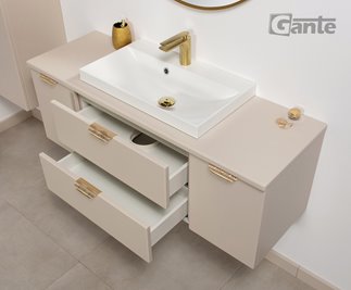 Piaskowa szafka łazienkowa wisząca z białą umywalką nablatową złoty uchwyt 120 cm Magnolia