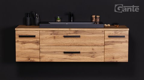 Szafka wisząca z czarną matową umywalką nablatową 140 cm kolor dąb naturalny seria Fokus Loft Gante