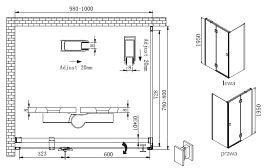 Kabina prostokątna szkło 8 mm drzwi uchylne 90x100 Faro Plus