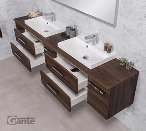 Szafka łazienkowa wisząca z dwiema umywalkami nablatowymi 210 cm 39/2 Fokus kolor orzech