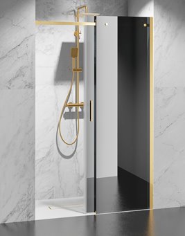 Drzwi prysznicowe rozsuwane prawe/lewe do wnęki 111-117 cm szkło 8mm grafitowe profile złoty mat Swiss Liniger