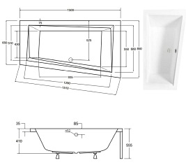Wanna asymetryczna czarno-biała z obudową Intima Besco prawa 150x85 cm