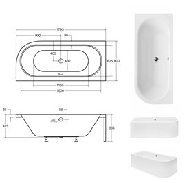 Czarno-biała ryflowana wanna asymetryczna akrylowa z obudową Avita Besco 180 cm Lewa
