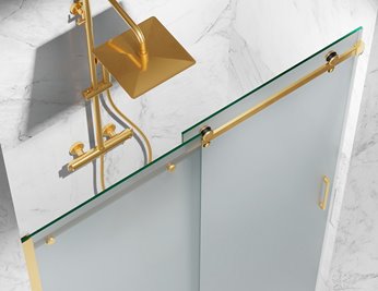 Drzwi prysznicowe rozsuwane prawe/lewe do wnęki 122-131 cm szkło 8mm mleczne profile złoty mat Swiss Liniger