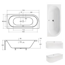 Czarno-biała ryflowana wanna asymetryczna akrylowa z obudową Avita Besco 180 cm Prawa