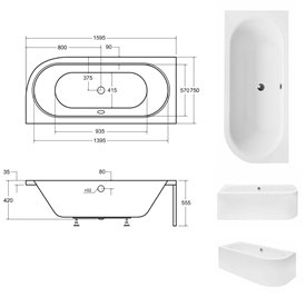 Czarno-biała ryflowana wanna asymetryczna akrylowa z obudową Avita Besco 160 cm Lewa