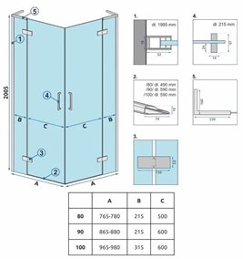 Kwadratowa kabina prysznicowa narożna miedź szczotkowana drzwi podwójne 90x90 Hugo Double Rea