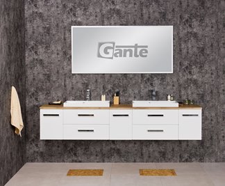 Szafka wisząca z dwiema umywalkami 210 cm z blatem w kolorze dąb naturalny 210/39/C2 seria Fokus B