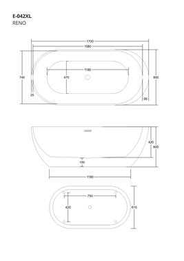 Wanna akrylowa, wolnostojąca Reno Corsan 170 cm korek klik-klak chrom