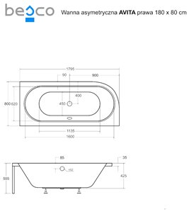 Wanna asymetryczna akrylowa Avita Besco 180 cm Prawa