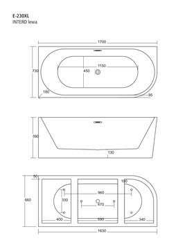 Wanna narożna przyścienna 170 cm Intero Corsan Lewa korek klik-klak chrom