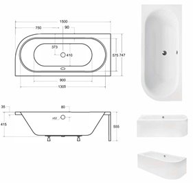 Biała ryflowana wanna asymetryczna akrylowa z obudową Avita Besco 150 cm Lewa