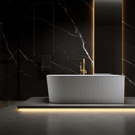 Wanna ryflowana przyścienna narożna prawa korek oraz przelew złoty szczotkowany 160 cm Rio Hydrosan