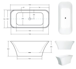 Czarno-biała matowa wanna wolnostojąca z konglomeratu + klik-klak złoty 160 cm Assos Matt B&W Besco WMMC-160AKG