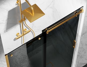 Drzwi prysznicowe rozsuwane prawe/lewe do wnęki 121-127 cm szkło 8mm grafitowe profile złoty mat Swiss Liniger