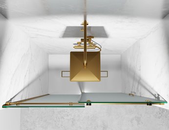 Drzwi prysznicowe rozsuwane prawe/lewe do wnęki 112-121 cm szkło 8mm mleczne profile złoty mat Swiss Liniger