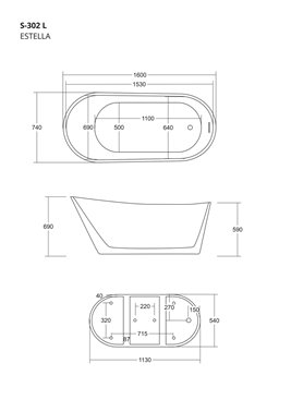 Wanna wolnostojąca Corsan Estella 160 cm korek klik-klak grafit
