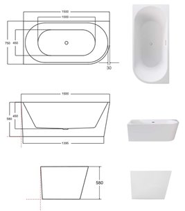 Wanna przyścienna czarno-biała narożna lewa syfon z przelewem biały 150 cm Zoya B&W Besco WAS-150ZBLB