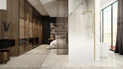 Złota szczotkowana ścianka prysznicowa 110 cm biała szyba Aero Ombre Rea